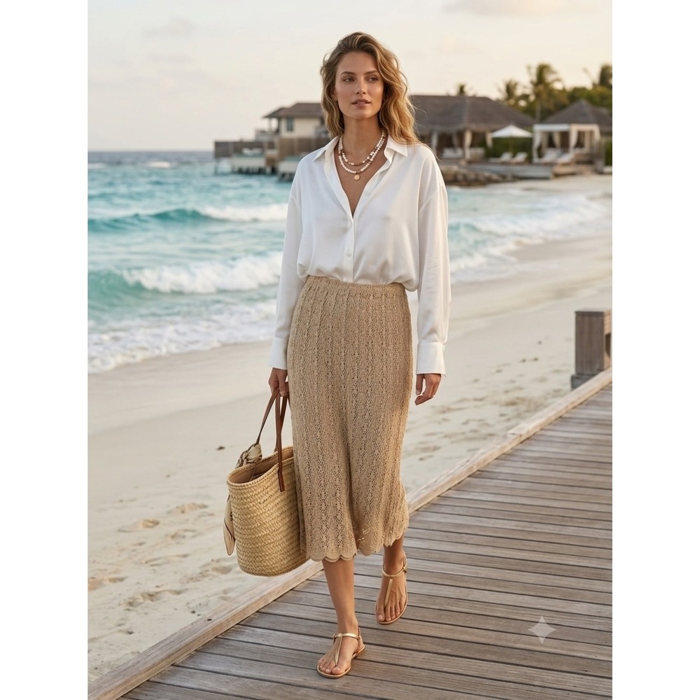 Vintage Vivanti Beige Tan Durene Cotton Open Pointelle Knit Midi Skirt S Coastal